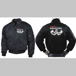 Arm Wrestling - Strong and Hard   čierna zimná letecká bunda BOMBER Winter Jacket s límcom, typ CWU z pevného materiálu s masívnym zipsom na zapínanie 100%nylón, čiastočne vodeodolná